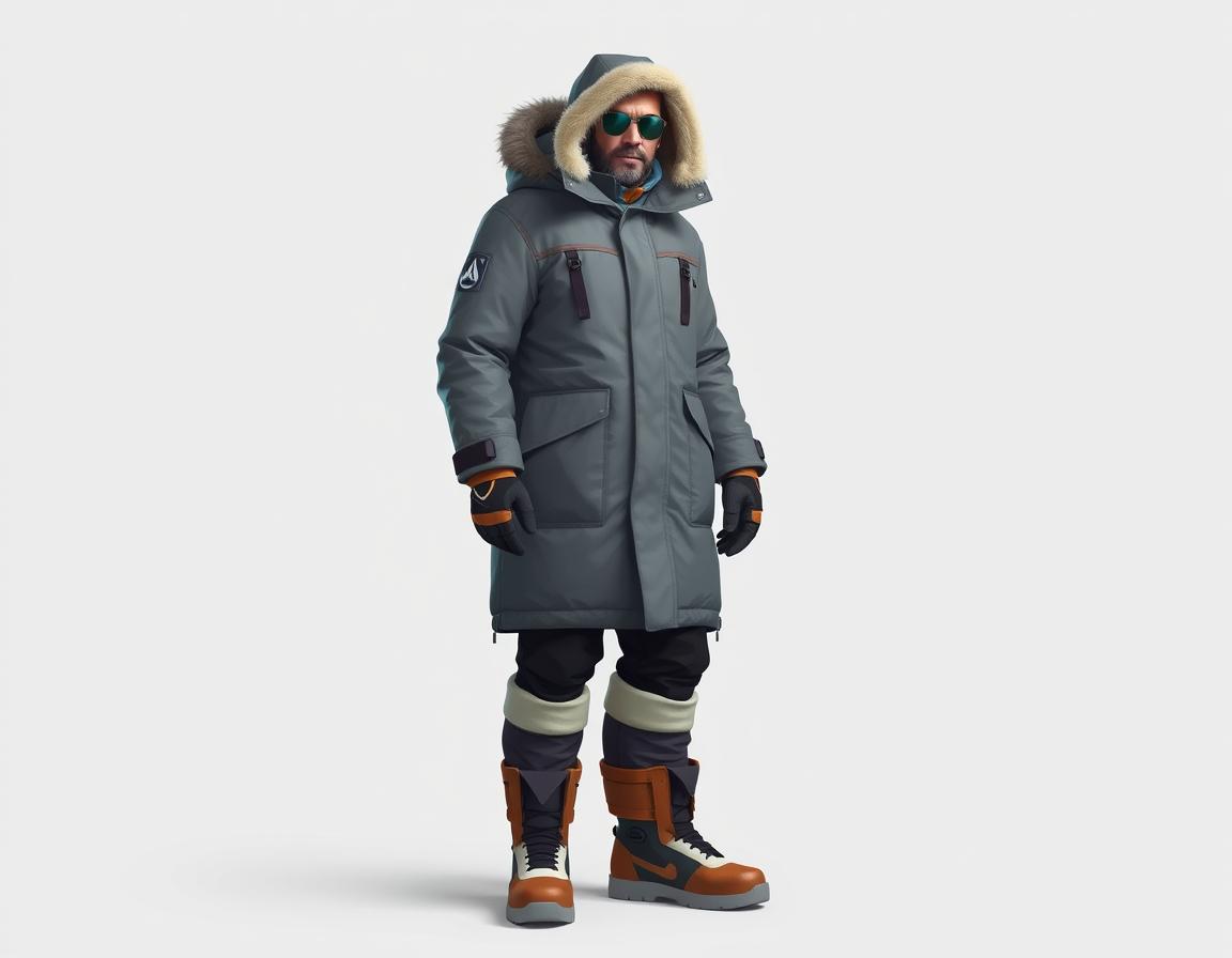 Create a overwatch character of a man shown in full body against a plain background. He is dressed in a closed thick winter parka, complemented by snow boots, and gloves. Subtle painterly texture, stylized, flat 3d shading, flat, vector, low poly 3d style, sharp stylistic style