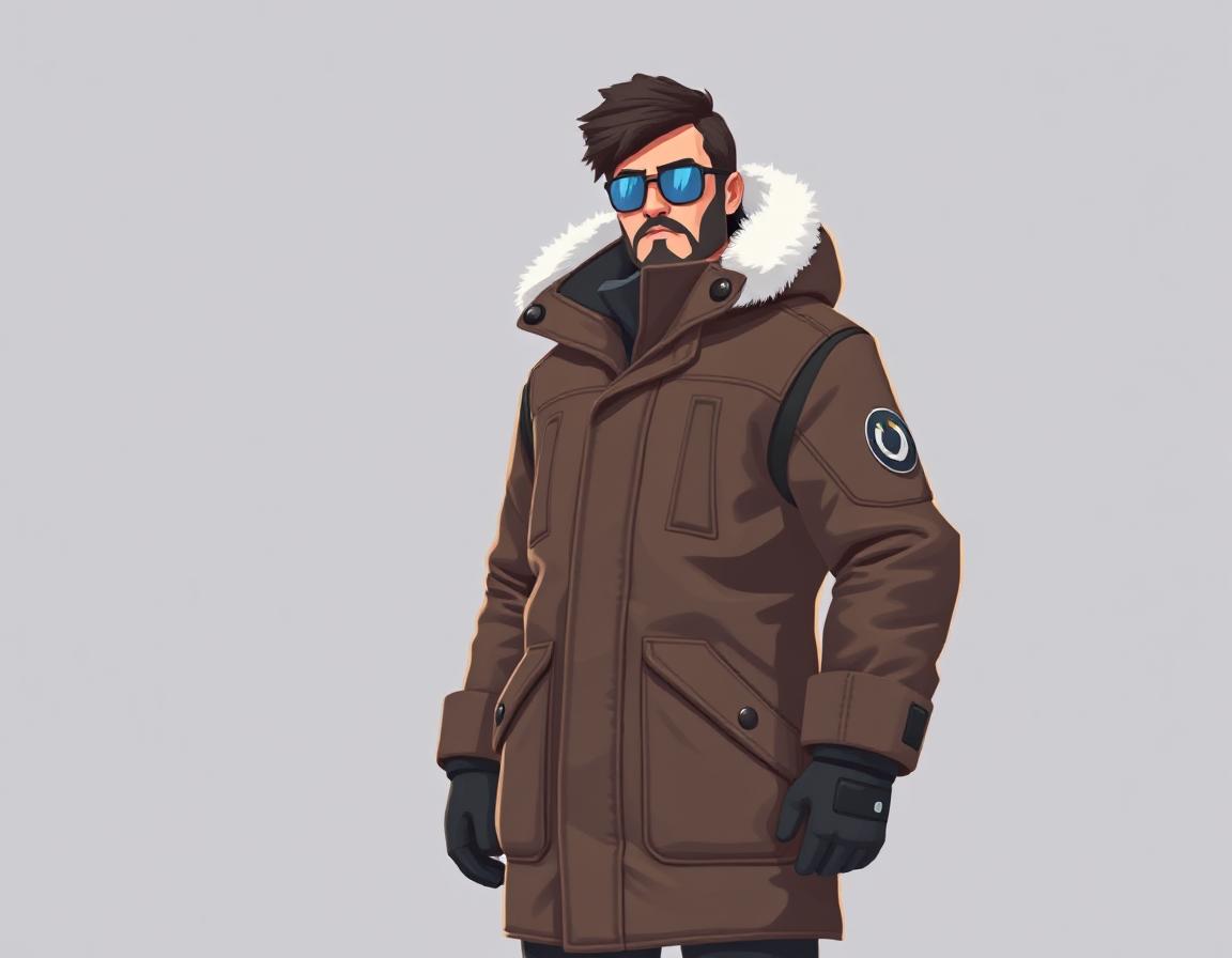 Create a overwatch character of a man shown in full body against a plain background. He is dressed in a thick winter parka. stylized, flat 3d shading, flat, vector, sharp stylistic style