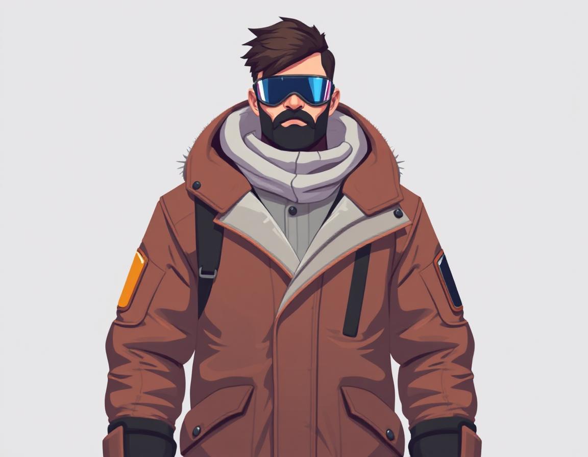 Create a overwatch character of a man shown in full body against a plain background. He is dressed in a thick winter parka. stylized, flat 3d shading, flat, vector, sharp stylistic style