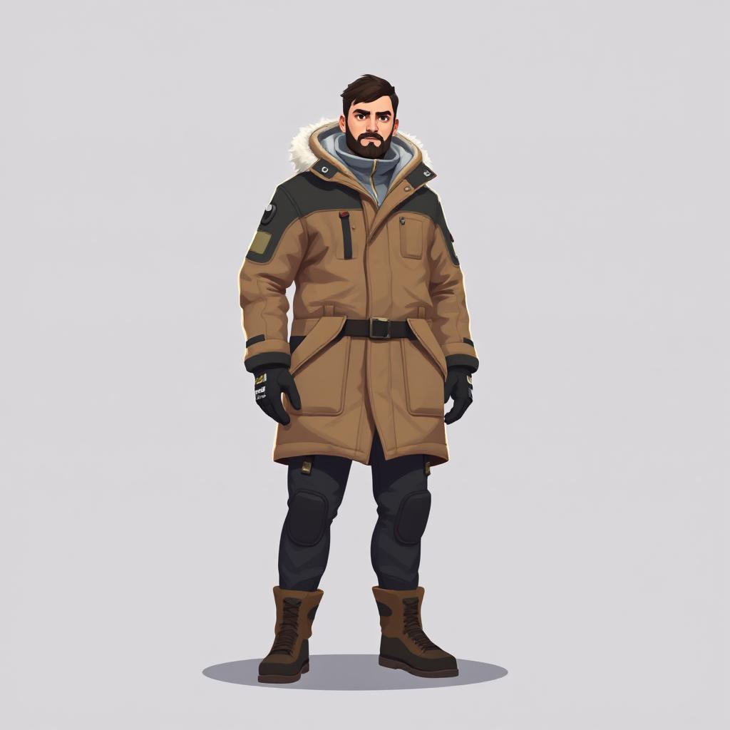 Create a overwatch character of a man shown in full body against a plain background. He is dressed in a thick winter parka. stylized, flat 3d shading, flat, vector, sharp stylistic style