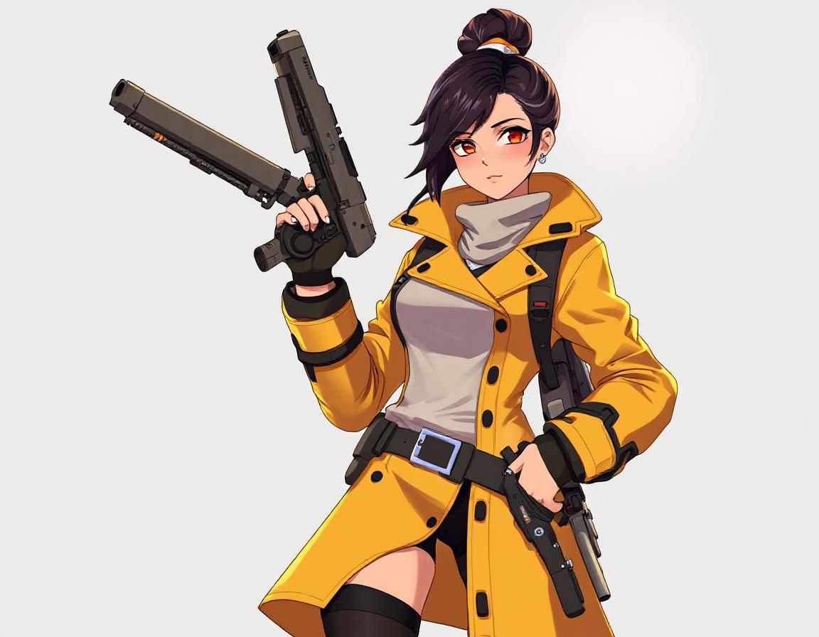 A Japanese anime, anime style,a woman in a yellow coat holding a gun and a gun, from overwatch, overwatch character concept art, loba andrade from apex legends, as an overwatch character, as overwatch character, apex legends concept art, lucio as a woman, brigitte from overwatch, in style of apex legends, afrofuturism anime, senna from league of legends, valorant character