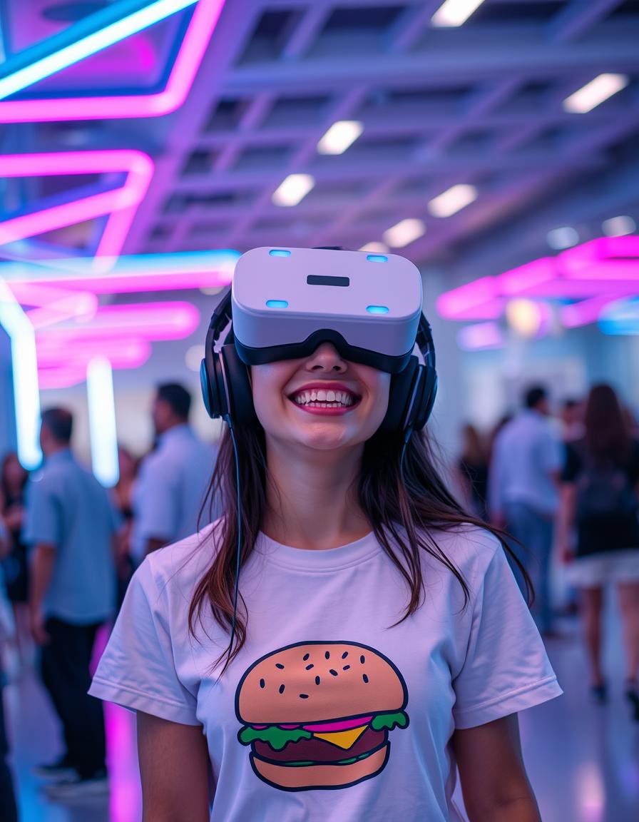 A smiling woman wearing a virtual reality headset in a modern, spacious environment, A young person is engaged in a virtual reality (VR) experience, smiling broadly while wearing a VR headset and headphones, The individual is dressed in a white t-shirt adorned with a colorful cartoon burger design, The setting features a futuristic ambiance with neon lights casting vibrant blue and pink hues throughout, The background shows blurred figures, suggesting a social or interactive environment where others might also be experiencing VR, The overall atmosphere is lively and immersive, highlighting the excitement of modern technology, 