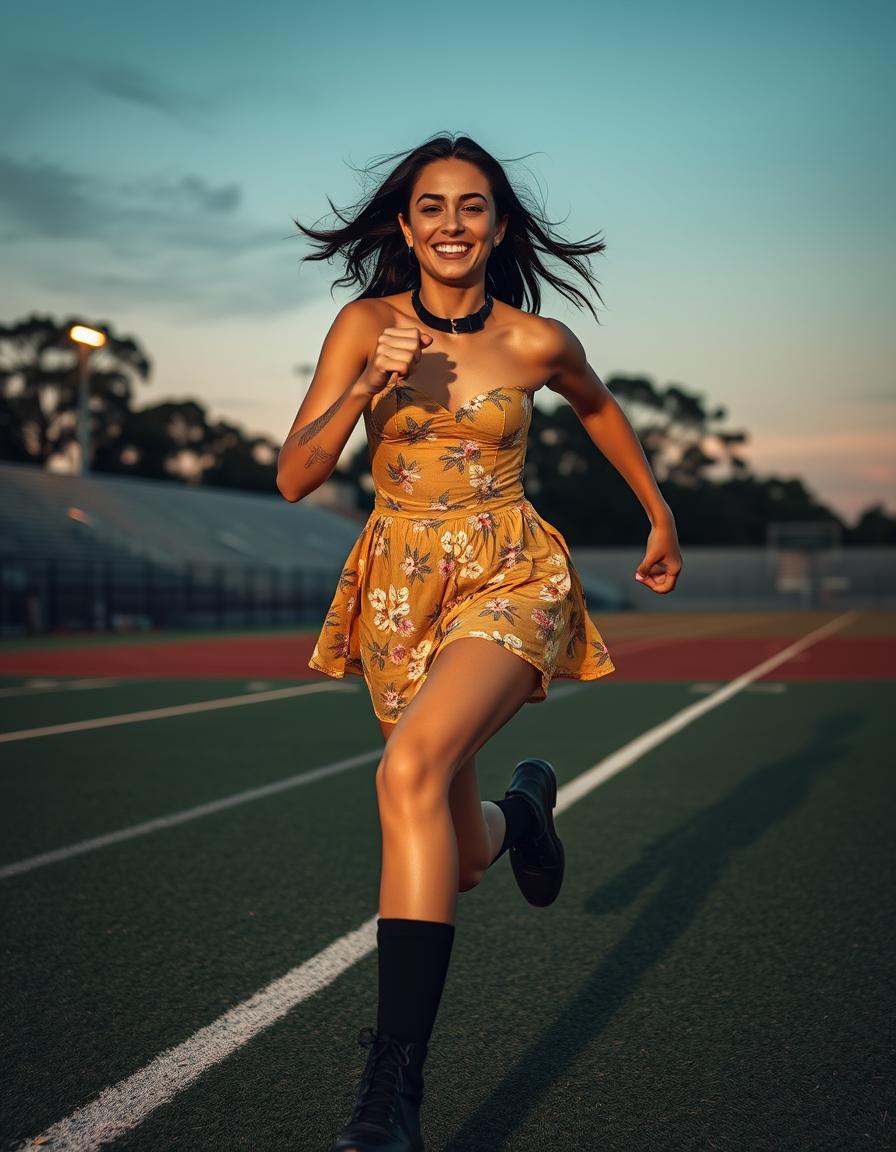 low angle dynamic action shot, ultra detailed picture of golden brown oiled skin, busty size DD boobs Beyoncé clone, very narrow waist, 18 year old model, sprinting like Olympic athlete on empty sports oval at Kenmore High at dusk in Brisbane, Australia, wearing ultra short, tiny translucent micro floral yellow dress, thigh-high black socks, very fit, muscled legs, slightly voluptuous, small waist, wearing boots, she has ultra toned legs, shirt black hair, leather collar, girl looking at camera lens and laughing — ar 32 — stylize 300 — style raw — v 6