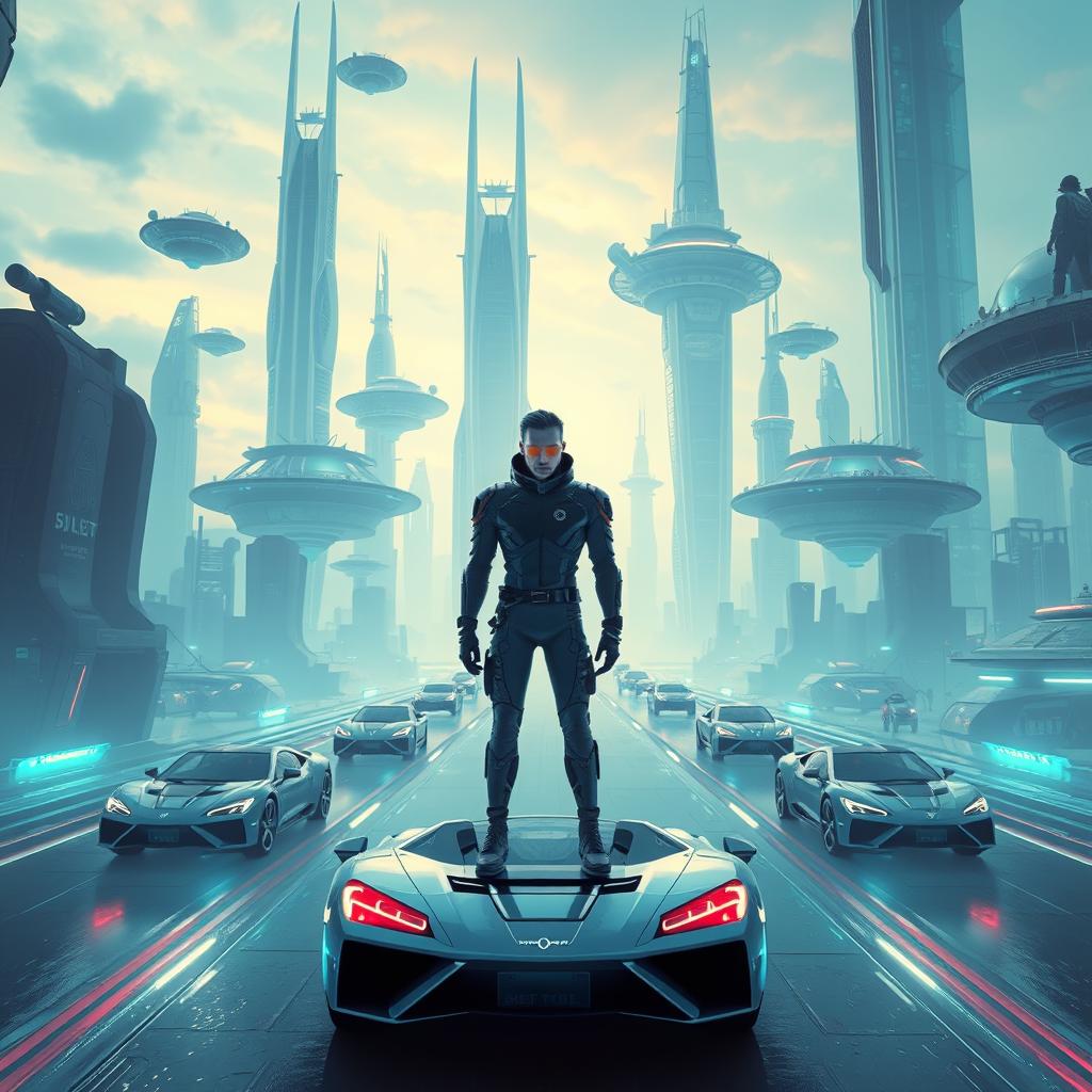 Generate a surrealist image with the theme of a futuristic city, featuring floating islands and towering transparent buildings, dominated by cool colors and soft blue lighting, with a central figure dressed in futuristic clothing, surrounded by flying cars, creating a serene and mysterious atmosphere.