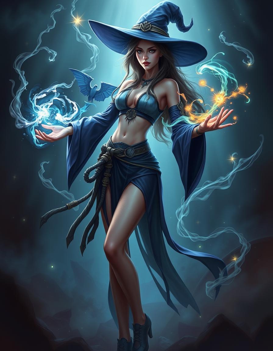 A stunning slim female wizard stands poised in a magical dark fantasy realm, casting a mesmerizing spell with elemental energies swirling around her.