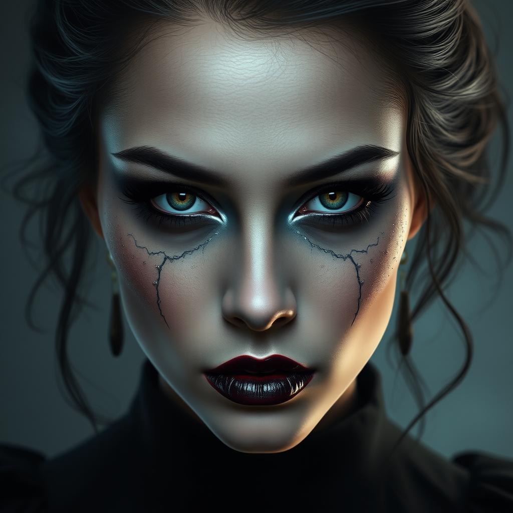 Design a photorealistic portrait of a woman with dark makeup and makeup art, set in a dark concept art style.