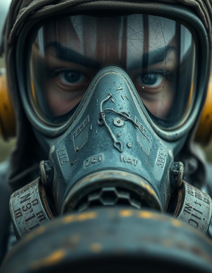 A close-up shot of a Chernobyl liquidator's gas mask, filling the frame with gritty, realistic detail.