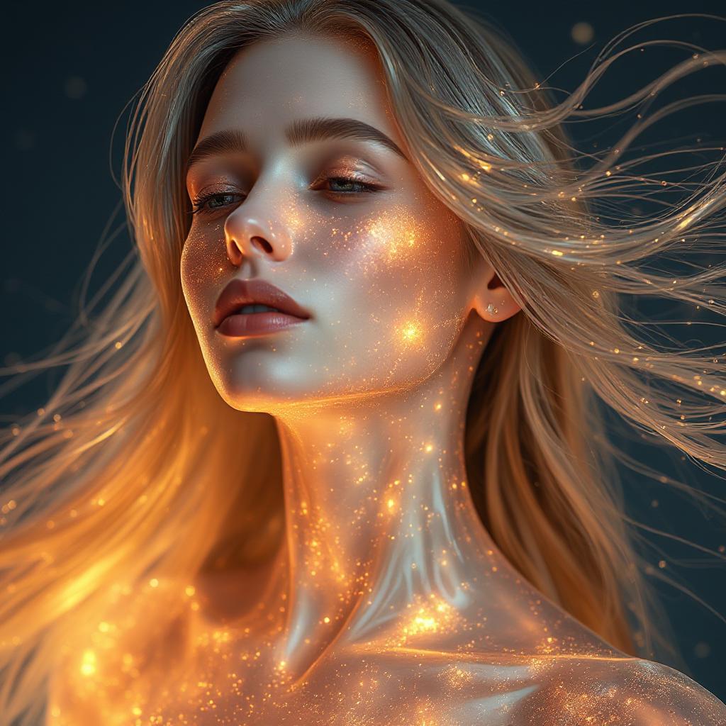 A photorealistic 4K image of a woman with transparent, crystal-like skin, glowing from within with a soft golden light, her hair flowing like liquid metal, surrounded by an aura of shimmering particles.