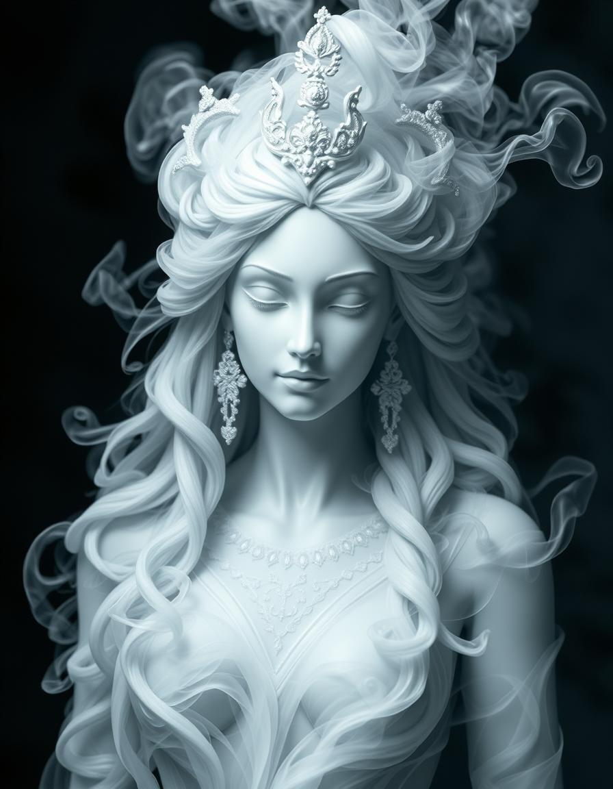 The image features a smoke-like representation of a beautiful goddess, which appears to be a white and gray goddess.