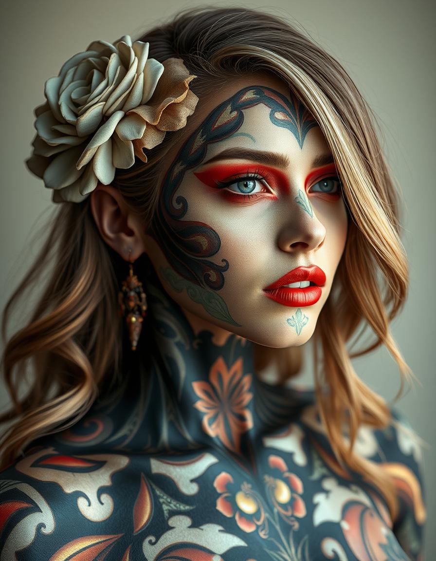 An image of a woman with a hyperrealistic style, showcasing an elaborate body paint design.