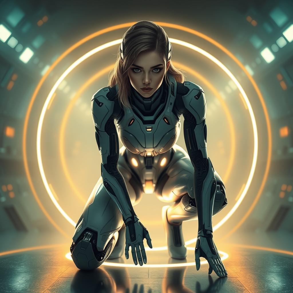 In a breathtaking 8K wallpaper, a stunning female android combatant from the future crouches on one knee within a circle of light, her beautiful face staring directly at the viewer.